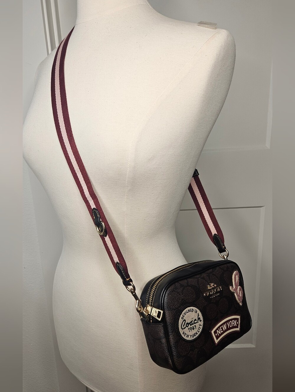 Authentic Coach Mini Jamie Monogram Camera Bag Ski Patches Shoulder Crossbody